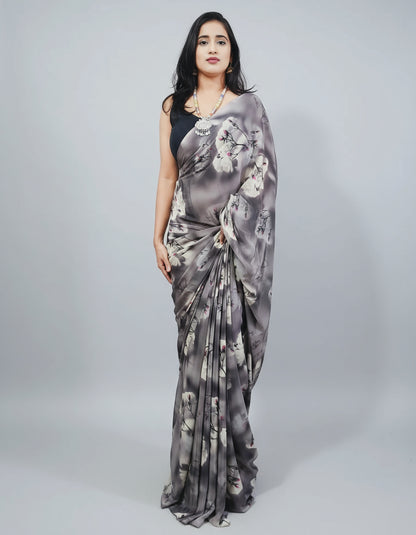 Grey Floral Printed Crepe Saree