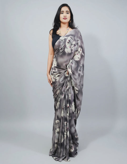 Grey Floral Printed Crepe Saree