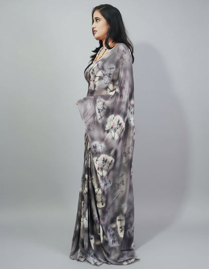 Grey Floral Printed Crepe Saree