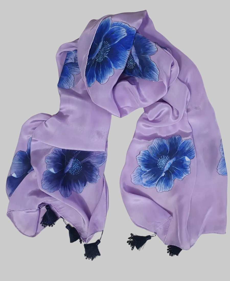 Lavender Blue Bloom Hand-Painted Crepe Silk Stole
