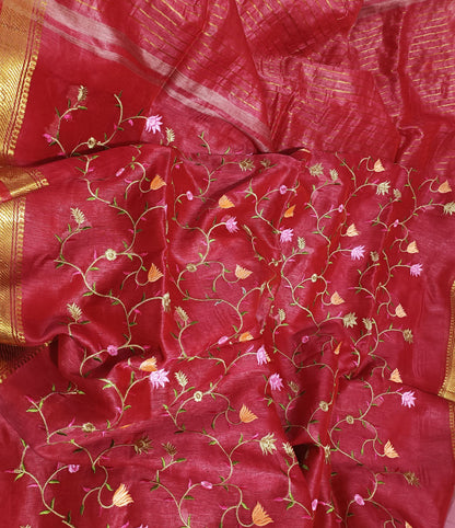 Embroidered Red Silk Linen Saree