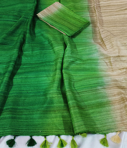 Green Triple Dye Pure Tussar Ghicha Silk Saree