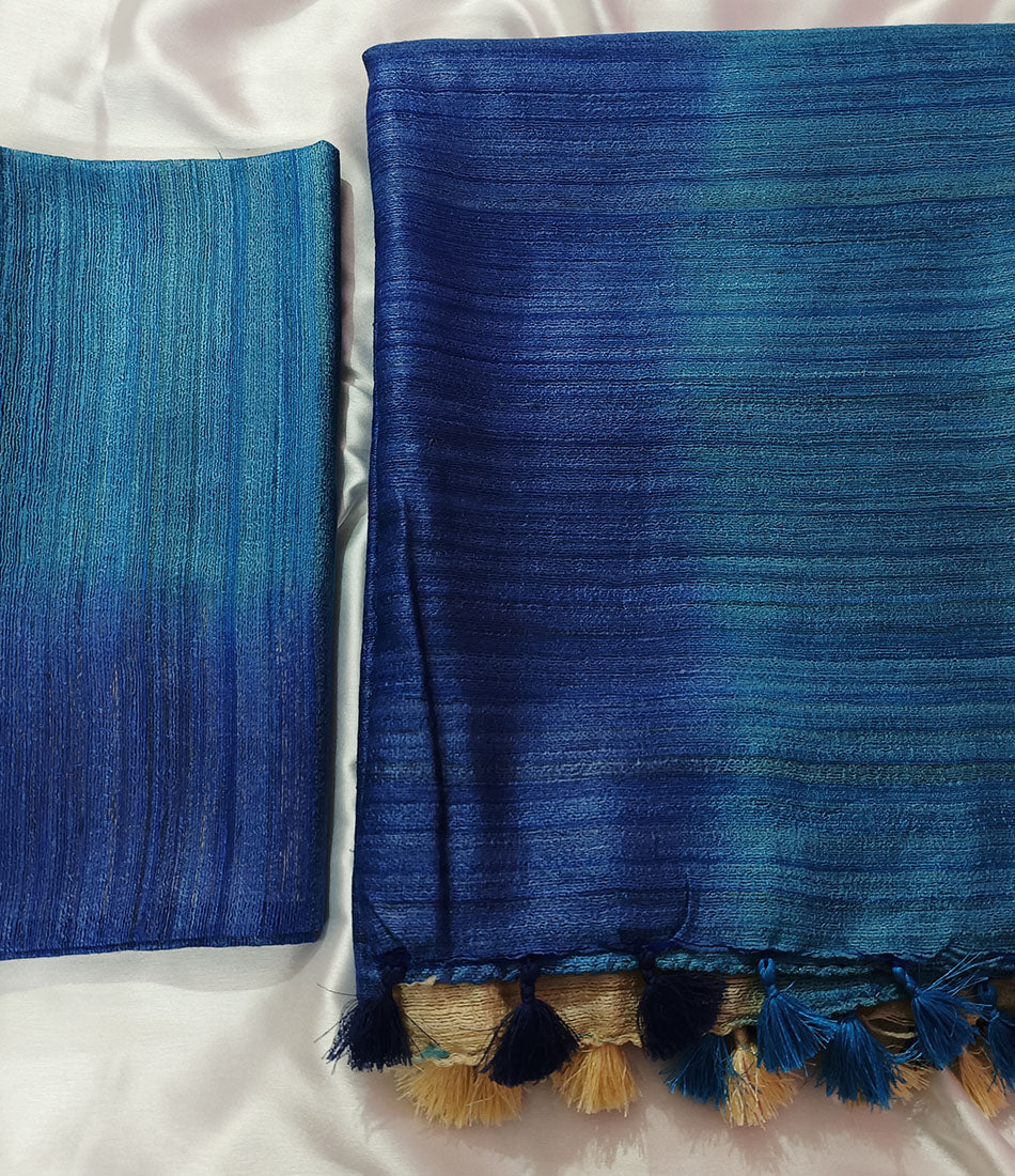Blue Triple Dye Pure Tussar Ghicha Silk Saree