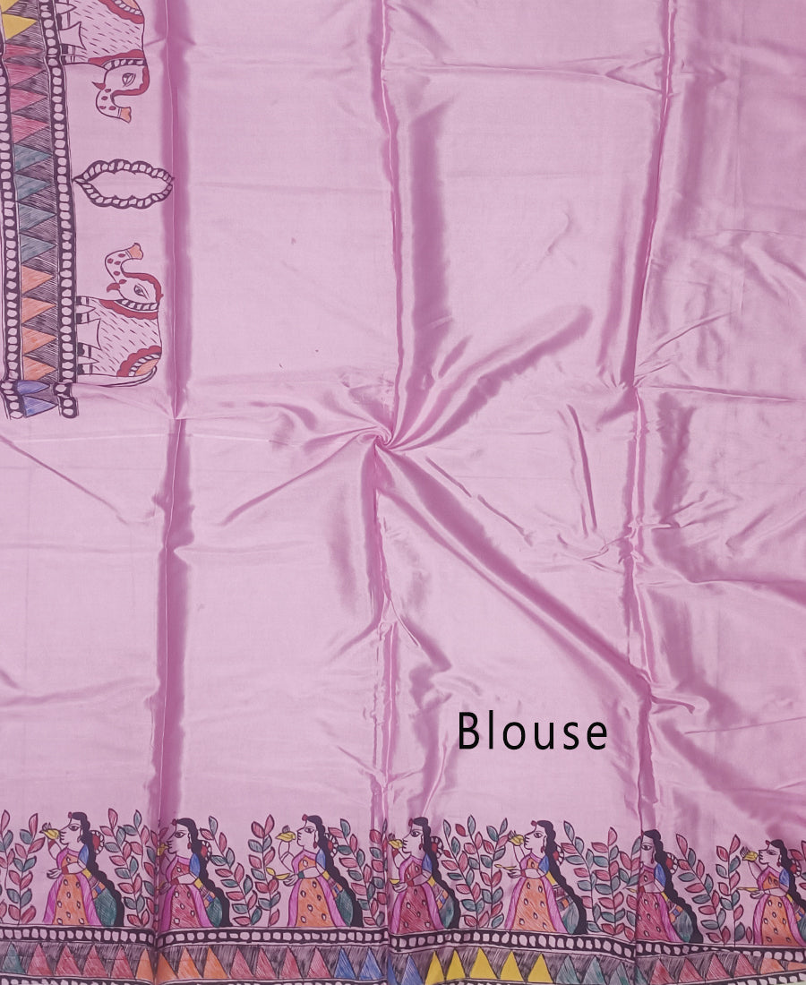Pink Madhubani Hand Painted Natural Crepe Saree
