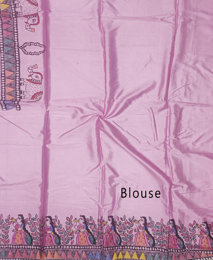 Pink Madhubani Hand Painted Natural Crepe Saree