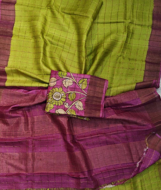 Apple Green Bishnupuri Checked Zari Tussar Silk Saree |Peepal Clothing