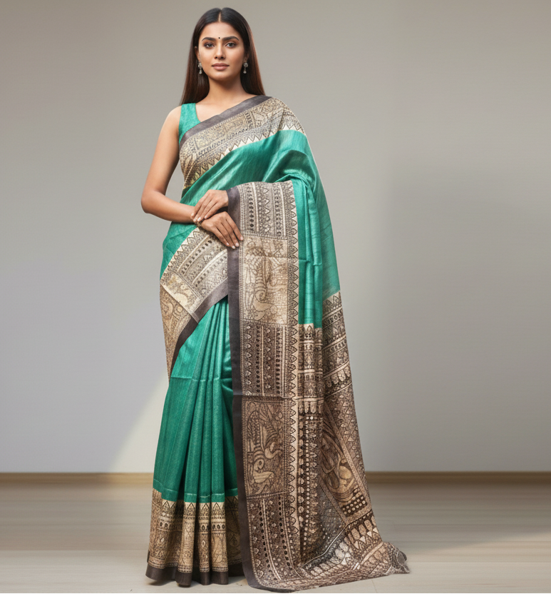 Aqua Green Madhubani Printed Tussar Ghicha Silk Saree