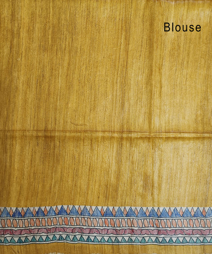 Authentic Mithila Hand-painted Mustard Tussar Ghicha Silk Saree – Traditional Doli Kahar & Mayur Motif