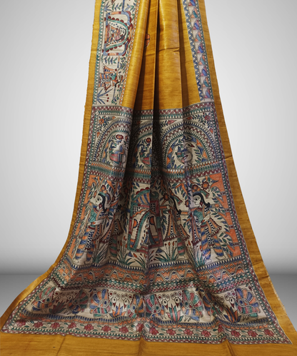 Authentic Mithila Hand-painted Mustard Tussar Ghicha Silk Saree – Traditional Doli Kahar & Mayur Motif