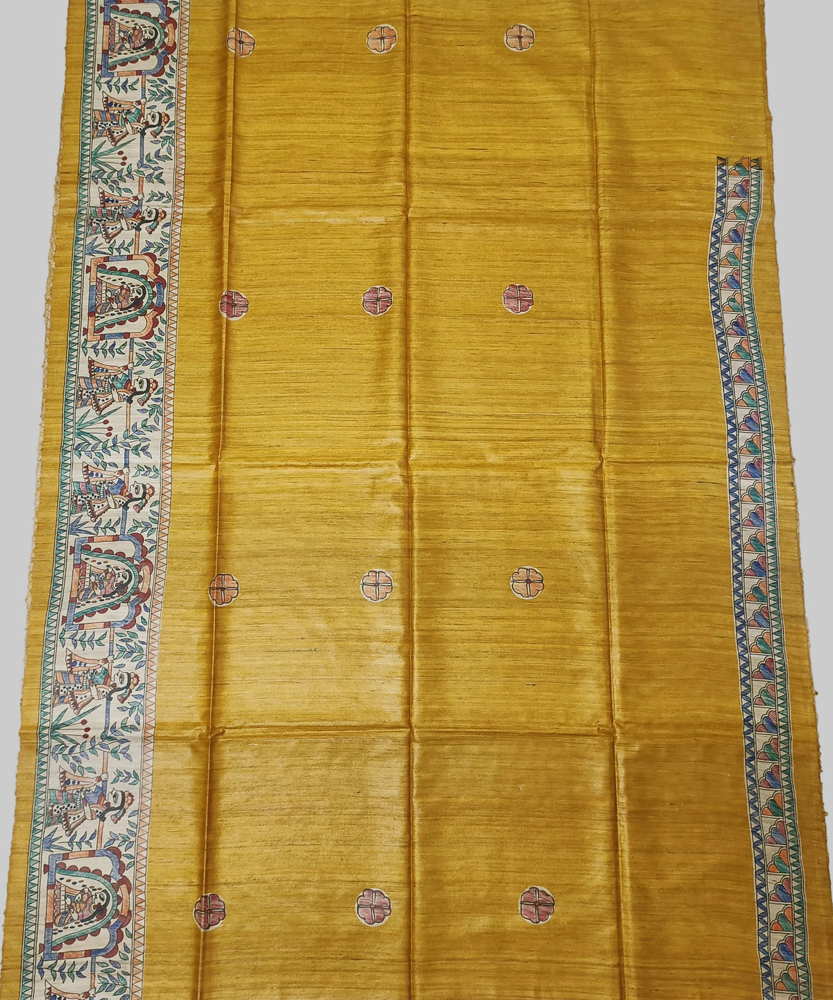 Authentic Mithila Hand-painted Mustard Tussar Ghicha Silk Saree – Traditional Doli Kahar & Mayur Motif