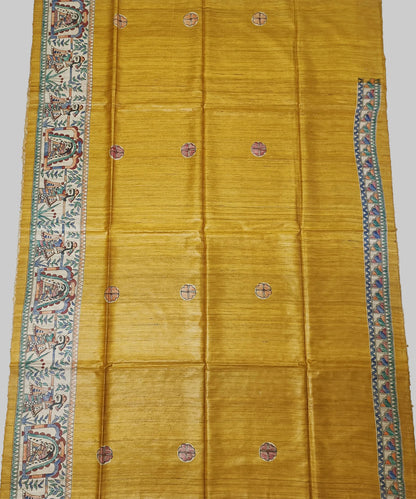 Authentic Mithila Hand-painted Mustard Tussar Ghicha Silk Saree – Traditional Doli Kahar & Mayur Motif