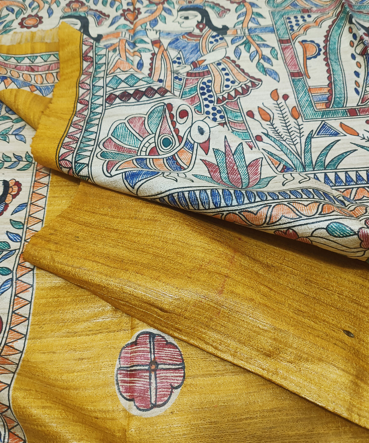 Authentic Mithila Hand-painted Mustard Tussar Ghicha Silk Saree – Traditional Doli Kahar & Mayur Motif
