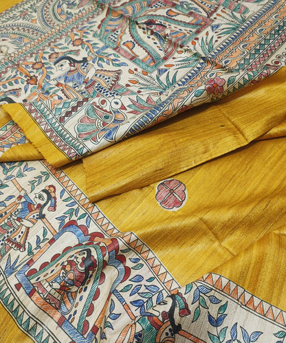 Authentic Mithila Hand-painted Mustard Tussar Ghicha Silk Saree – Traditional Doli Kahar & Mayur Motif