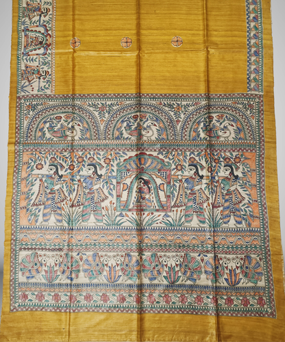 Authentic Mithila Hand-painted Mustard Tussar Ghicha Silk Saree – Traditional Doli Kahar & Mayur Motif