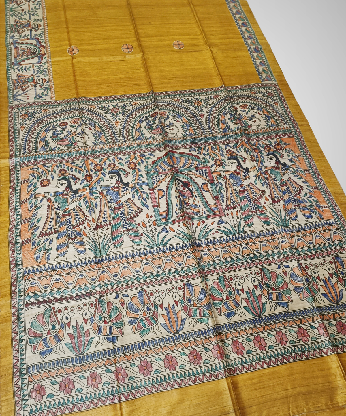 Authentic Mithila Hand-painted Mustard Tussar Ghicha Silk Saree – Traditional Doli Kahar & Mayur Motif