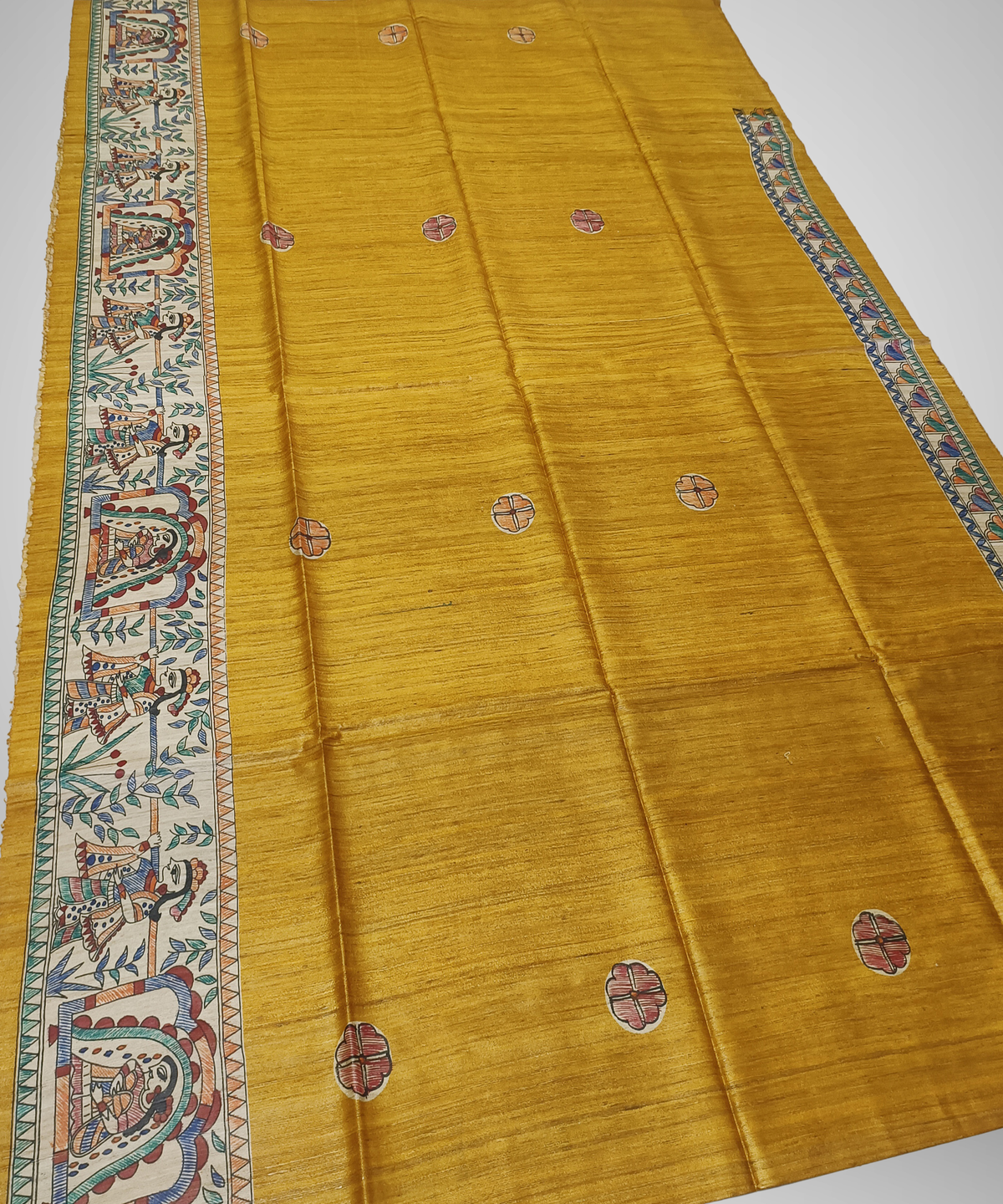 Authentic Mithila Hand-painted Mustard Tussar Ghicha Silk Saree – Traditional Doli Kahar & Mayur Motif
