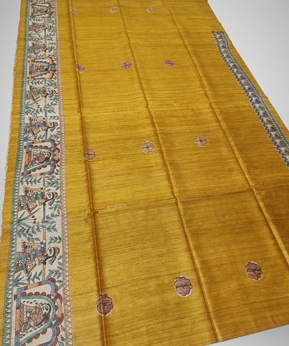Authentic Mithila Hand-painted Mustard Tussar Ghicha Silk Saree – Traditional Doli Kahar & Mayur Motif