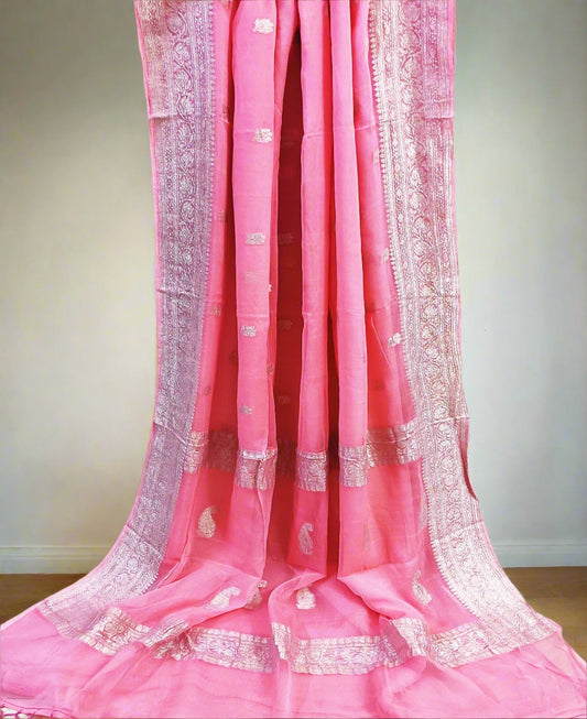 Baby Pink Banarasi Pure Khaddi Chiffon Saree