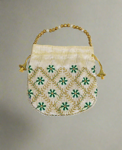 Barfi-Pattern Off-White Potli with Green Embroidery