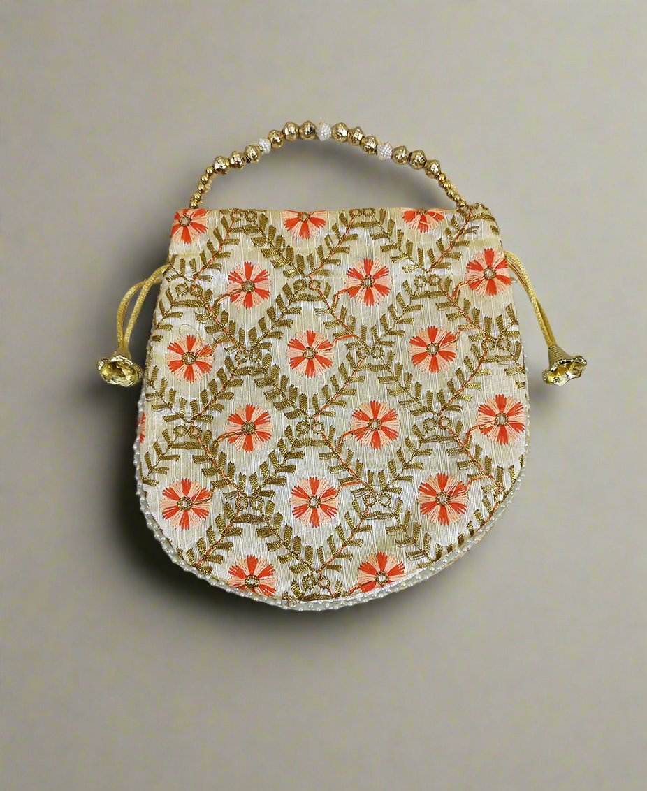 Barfi-Pattern Off-White Potli with Orange Embroidery