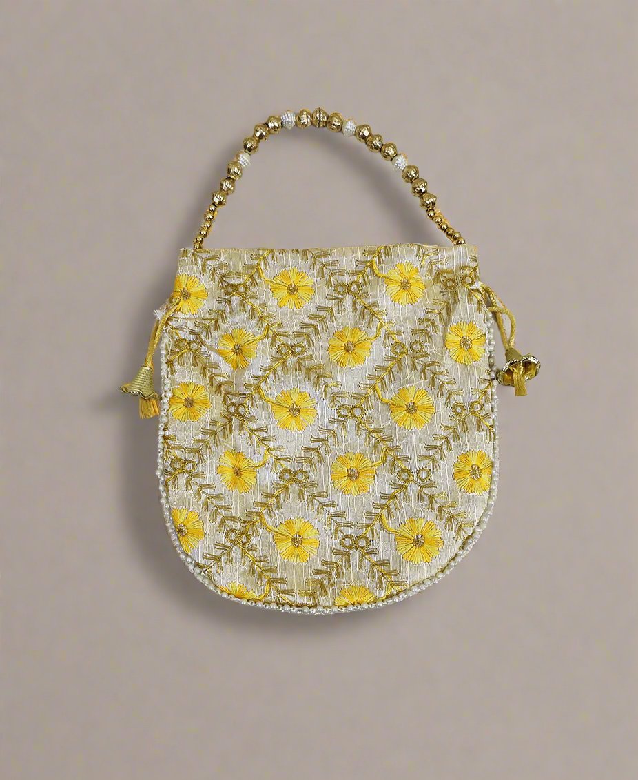 Barfi-Pattern Off-White Potli with Yellow Embroidery