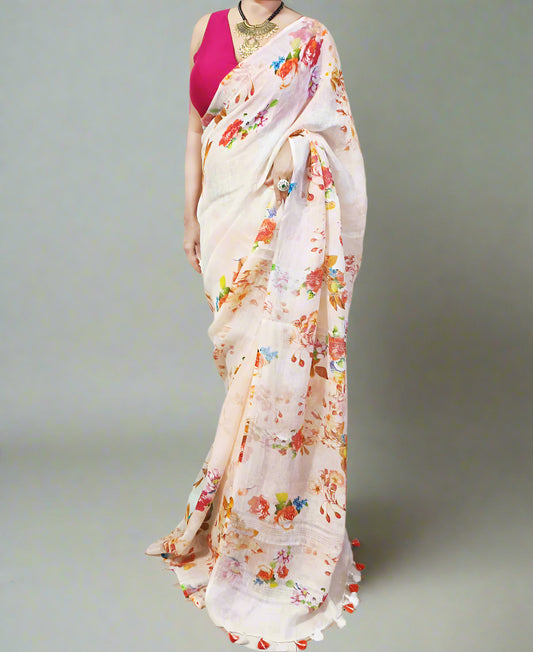 Peach Floral Digital Printed Linen Saree