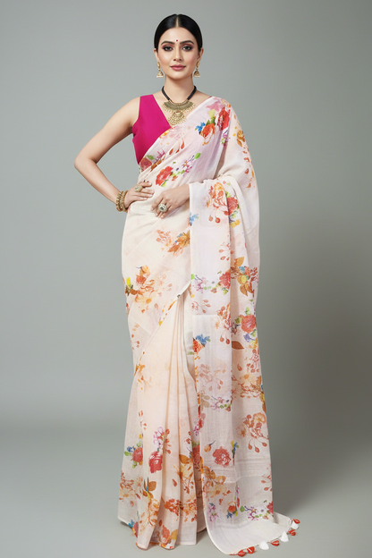 Peach Floral Digital Printed Linen Saree