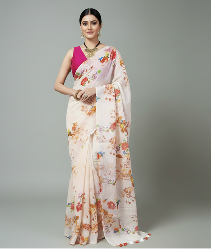 Peach Floral Digital Printed Linen Saree