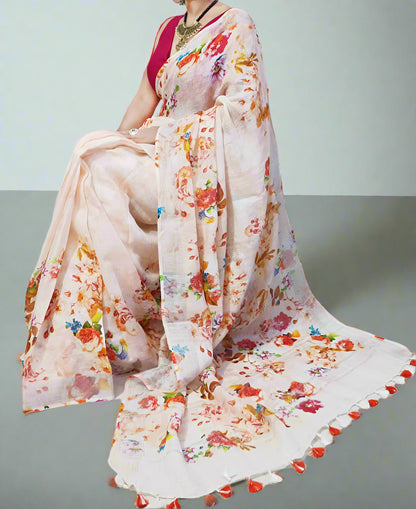 Peach Floral Digital Printed Linen Saree