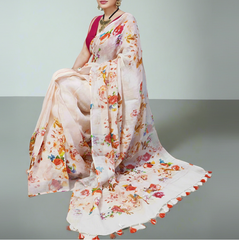 Peach Floral Digital Printed Linen Saree