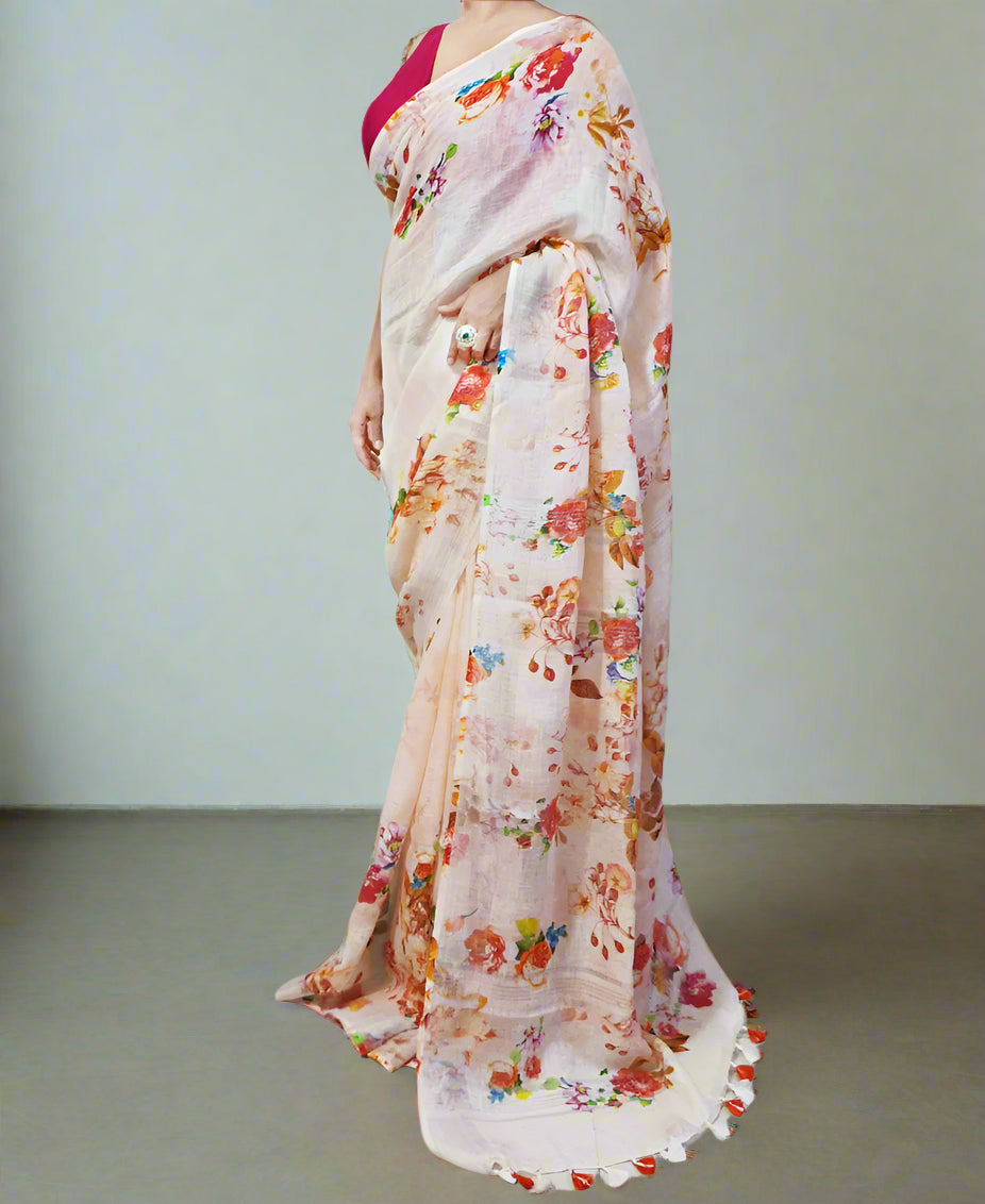 Peach Floral Digital Printed Linen Saree