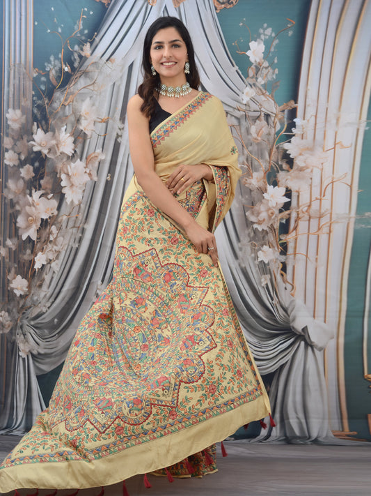 Beige Madhubani Hand Painted Natural Crepe Saree