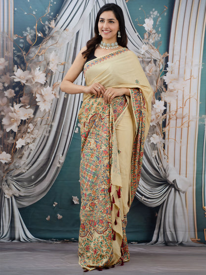 Beige Madhubani Hand Painted Natural Crepe Saree