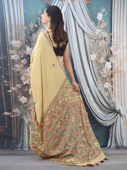 Beige Madhubani Hand Painted Natural Crepe Saree