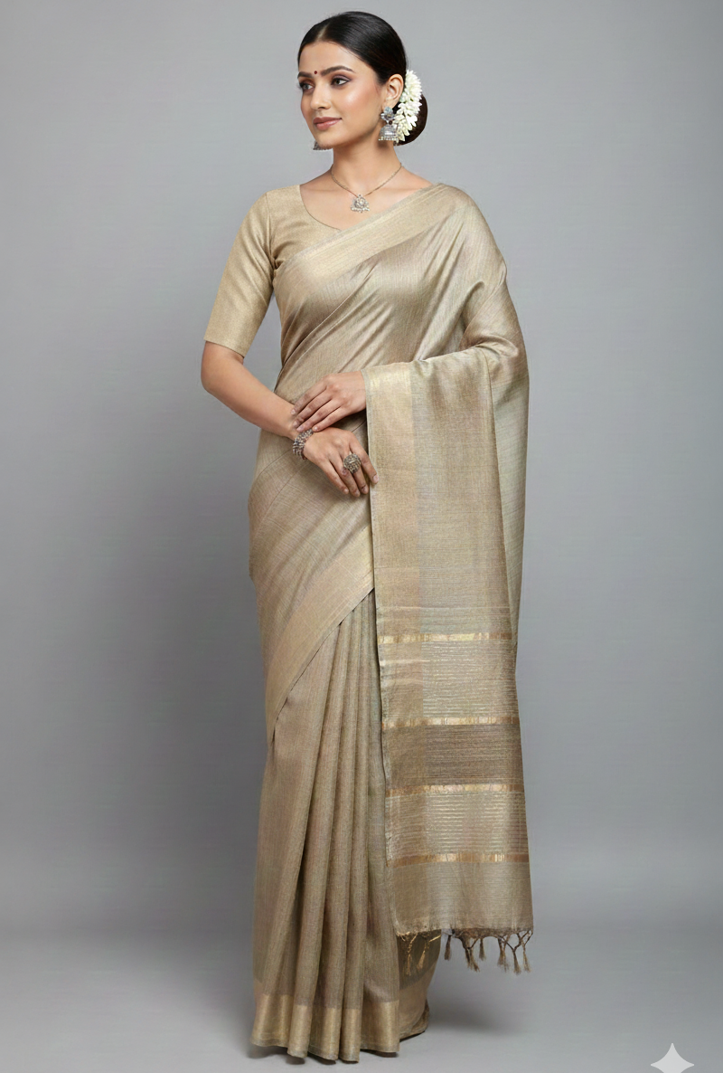 Beige Staple Body Saree with Ghicha Silk Pallu