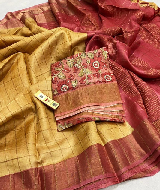 Beige Bishnupuri Checked Zari Tussar Silk Saree |Peepal Clothing