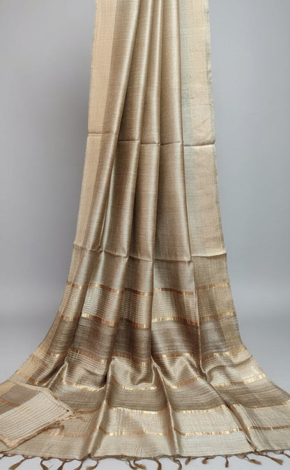 Beige Staple Body Saree with Ghicha Silk Pallu 