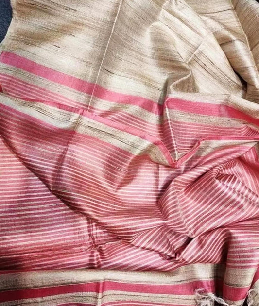 Beige and Pink Tusser Ghicha Silk Saree |Peepal Clothing