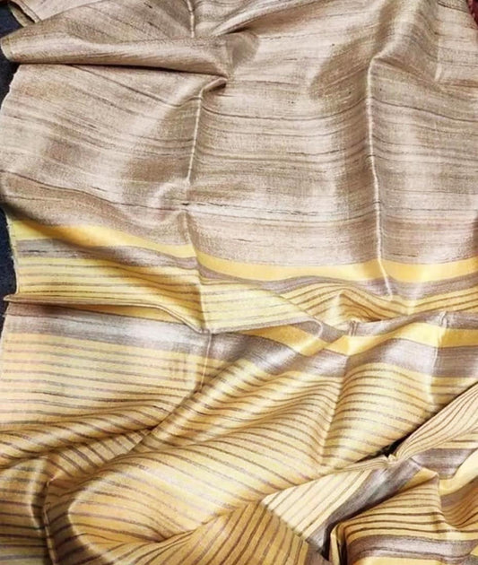 Beige and Yellow Tusser Ghicha Silk Saree |Peepal Clothing