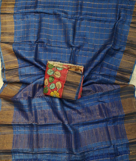 Bishnupuri Blue Checked Zari Tussar Silk Saree |Peepal Clothing