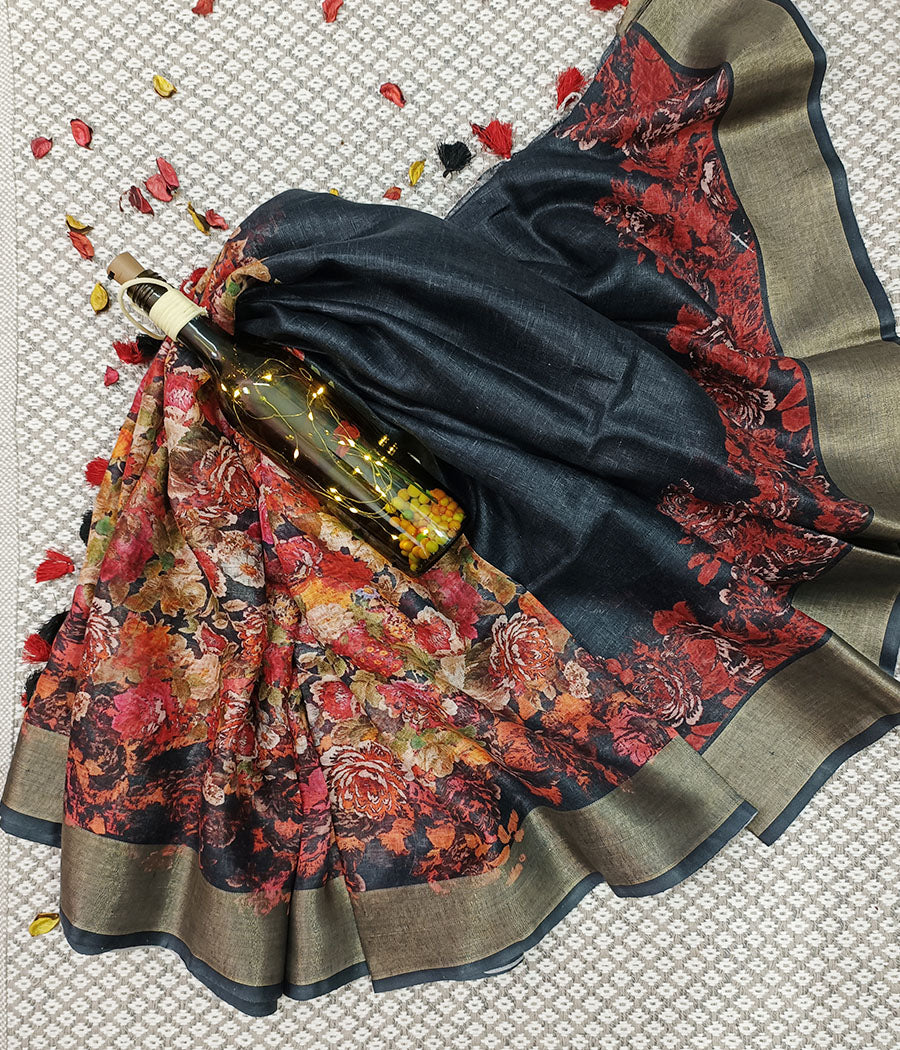 Black Floral Printed Linen Saree