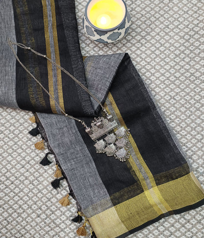 Black and Grey Striped Handloom Pure Linen Saree