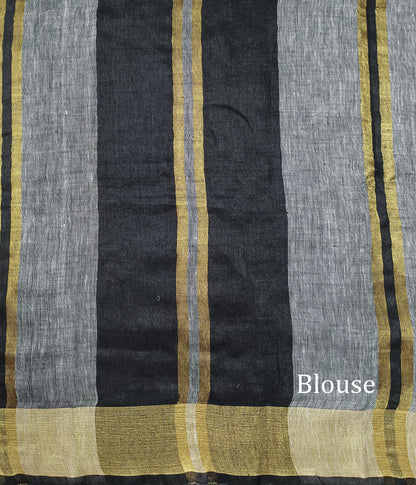 Black and Grey Striped Handloom Pure Linen Saree