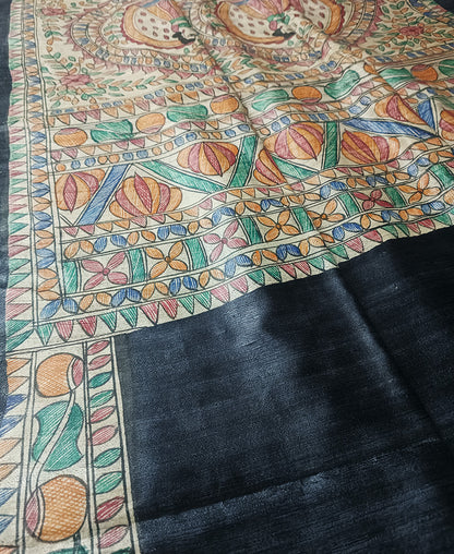 Black Madhubani Hand Painted Tussar Ghicha Silk Saree