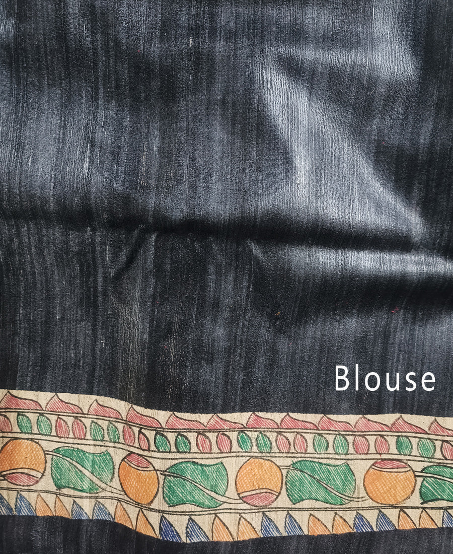 Black Madhubani Hand Painted Tussar Ghicha Silk Saree