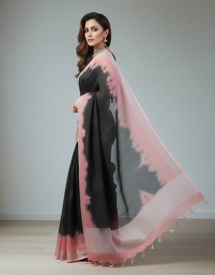 Black Tie & Dye Pure Linen Saree