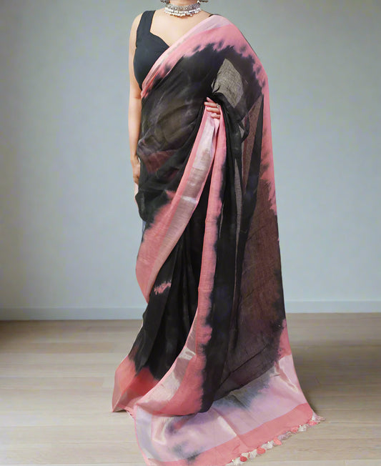 Black Tie & Dye Pure Linen Saree
