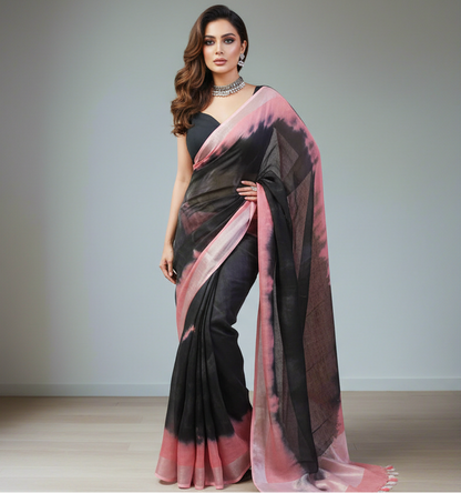 Black Tie & Dye Pure Linen Saree