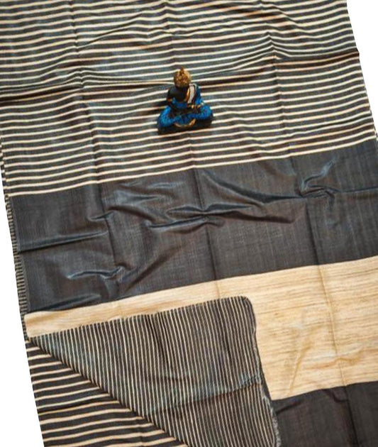 Black Striped Tusser Ghicha Silk Saree |Peepal Clothing