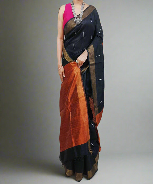 Black and Bronze Tussar Raw Silk Saree
